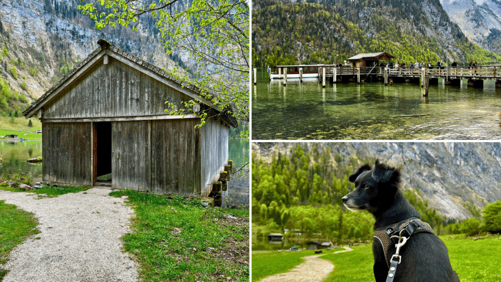 Obersee Königssee Fischhütte, Holzhütte See Bayern, Wanderung Königssee mit Hund, idyllischer Bootssteg Alpen, Naturparadies Berchtesgaden Nationalpark, Deutschland Seen
