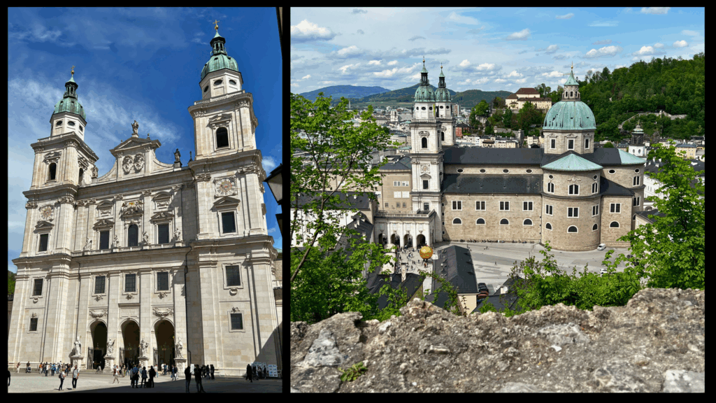 „Fassade des Salzburger Doms mit barocker Architektur und strahlend blauem Himmel