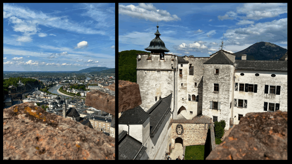 Blick auf die Festung Hohensalzburg hoch über der Salzburger Altstadt an einem sonnigen Tag