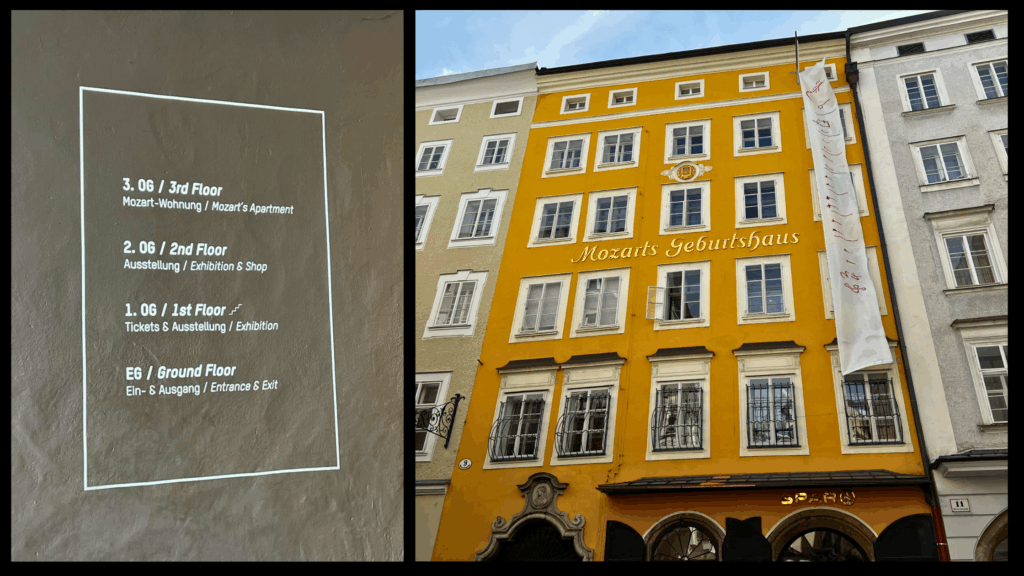 Außenansicht von Mozarts Geburtshaus in der Getreidegasse in Salzburg mit gelber Fassade