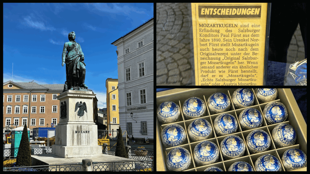 Statue von Wolfgang Amadeus Mozart auf dem Mozartplatz in Salzburg mit blauem Himmel
