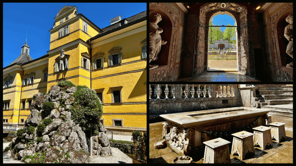 „Barockes Schloss Hellbrunn bei Salzburg mit gepflegtem Garten und Blick auf die Fassade