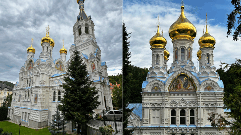 Russisch-Orthodoxe Peter-und-Paul-Kirche Karlsbad mit goldenen Kuppeln und Zwiebeltürmen.